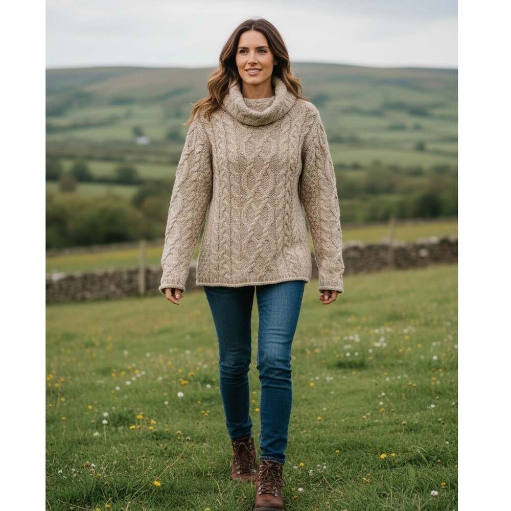 Vintage Wool Aran Crafts Ireland Cream Fisherman Turtleneck Cable Knit Sweater